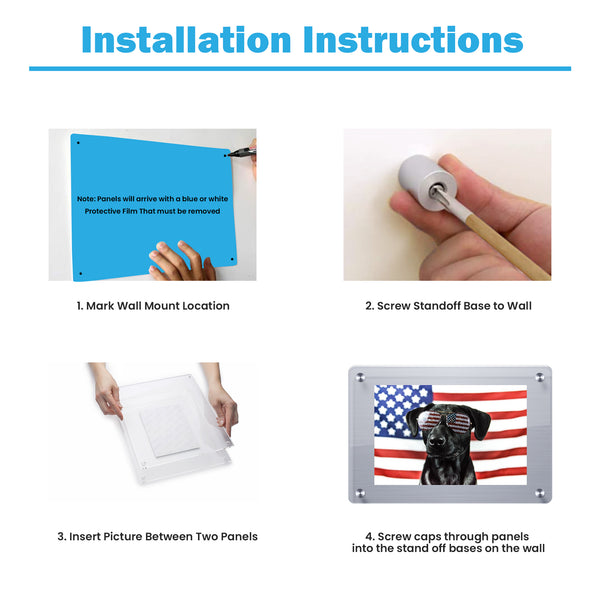 Illustration with graphics on how to install a floating frameless acrylic double panel picture frame