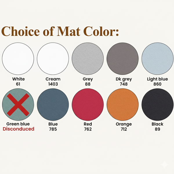 Color swatches for mat choices with corresponding numbers on a white background